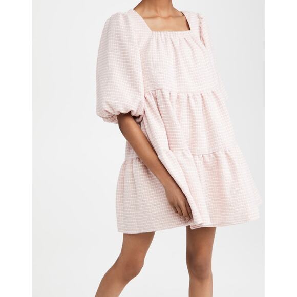 Sister Jane Pink Rosy Knees Tweed Confetti Square Neck Puff Sleeve Dress Size S - Picture 1 of 11